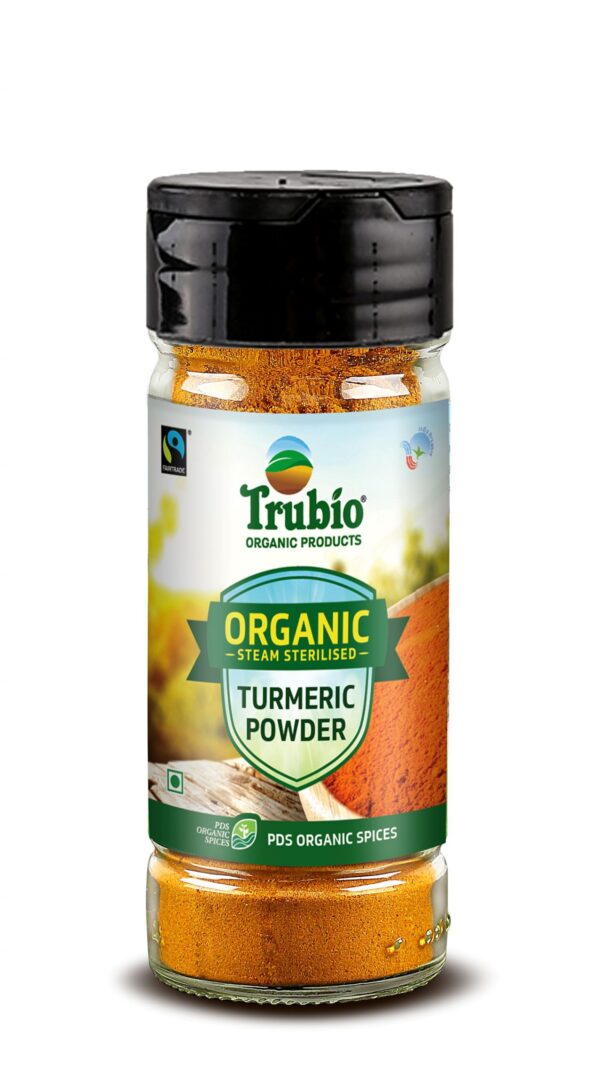 TRUBIO FAIRTRADE ORGANIC TURMERIC POWDER IN FLIP OPEN BOTTLE 50gms