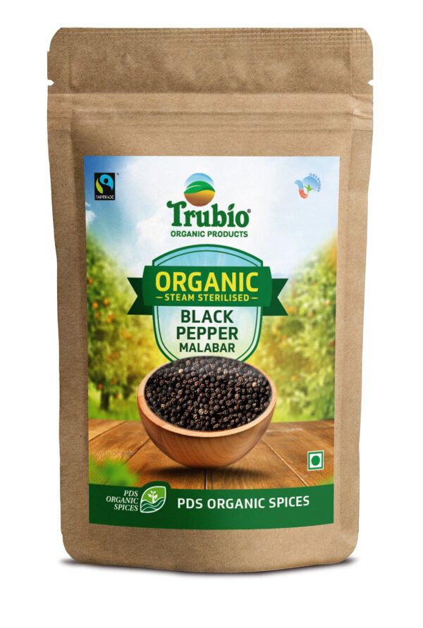 TRUBIO FAIRTRADE ORGANIC MALABAR WHOLE BLACK PEPPER IN POUCH 250gms