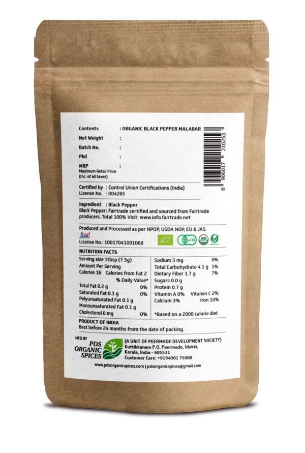 TRUBIO FAIRTRADE ORGANIC MALABAR WHOLE BLACK PEPPER IN POUCH 250gms - Image 2