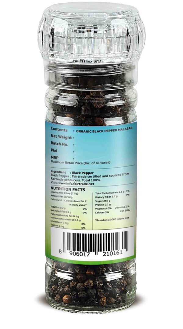 TRUBIO FAIRTRADE ORGANIC MALABAR BLACK PEPPER WHOLE IN GRINDER BOTTLE 60gms - Image 3
