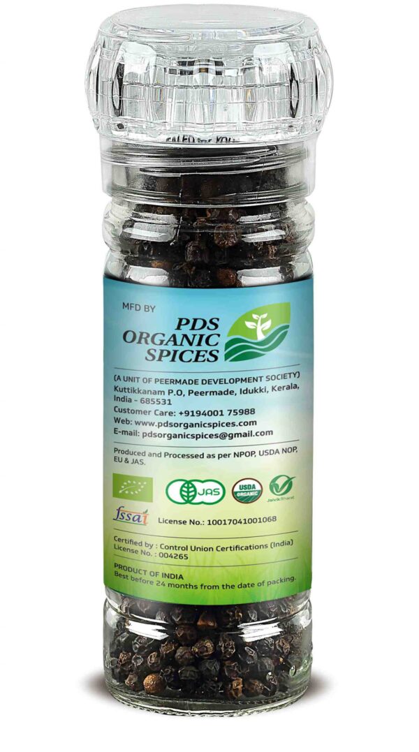TRUBIO FAIRTRADE ORGANIC MALABAR BLACK PEPPER WHOLE IN GRINDER BOTTLE 60gms - Image 2