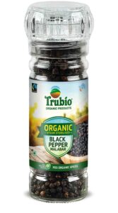 TRUBIO FAIRTRADE ORGANIC MALABAR BLACK PEPPER WHOLE IN GRINDER BOTTLE 60gms