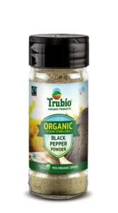 TRUBIO FAIRTRADE ORGANIC BLACK PEPPER COARSE IN FLIP OPEN BOTTLE 45gms