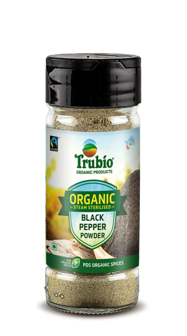 TRUBIO FAIRTRADE ORGANIC BLACK PEPPER COARSE IN FLIP OPEN BOTTLE 45gms