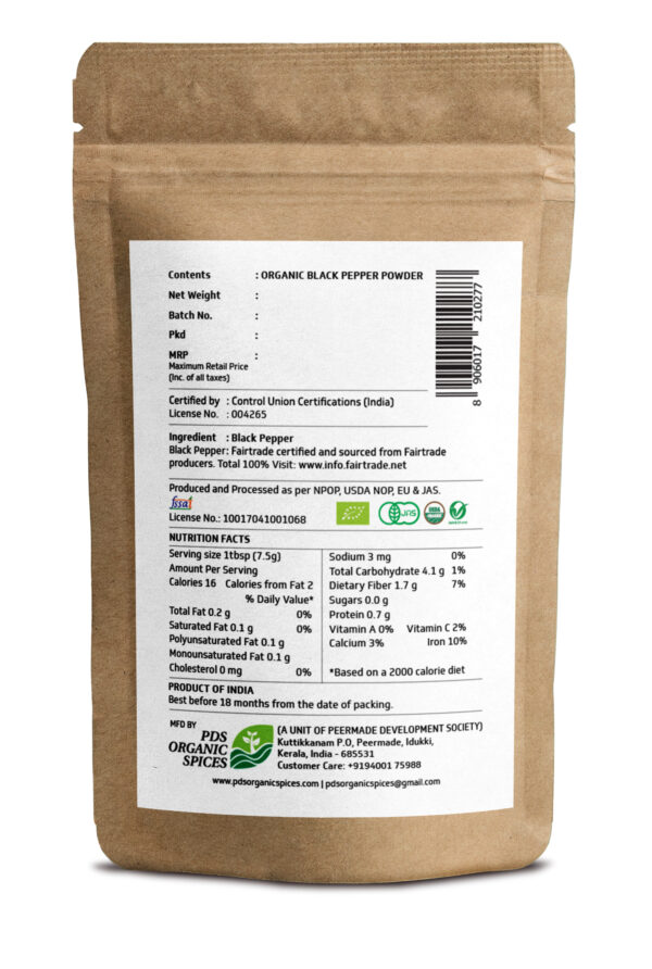 TRUBIO FAIRTRADE ORGANIC BLACK PEPPER POWDER IN POUCH 100gms - Image 2
