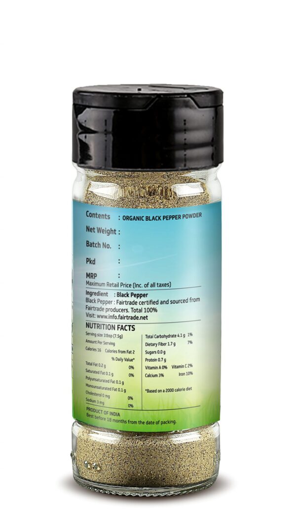 TRUBIO FAIRTRADE ORGANIC BLACK PEPPER COARSE IN FLIP OPEN BOTTLE 45gms - Image 2