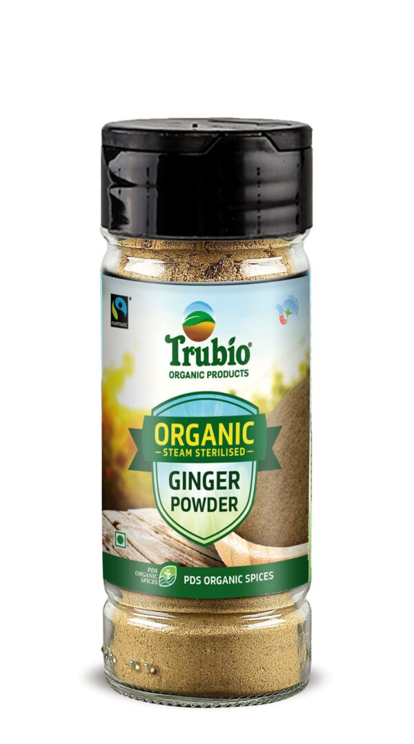 TRUBIO FAIRTRADE ORGANIC GINGER POWDER IN FLIP OPEN BOTTLE 45gms