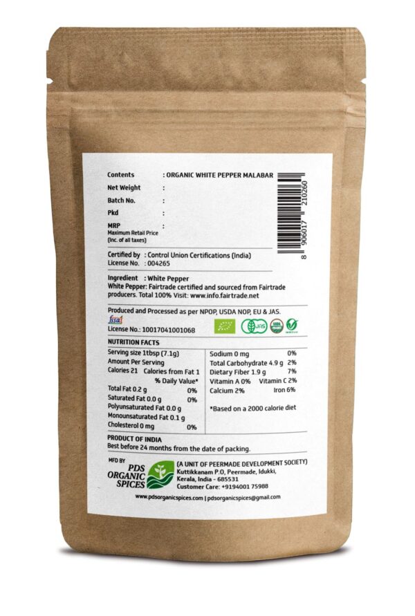 TRUBIO FAIRTRADE ORGANIC WHITE PEPPER WHOLE IN POUCH 1O0gms - Image 2