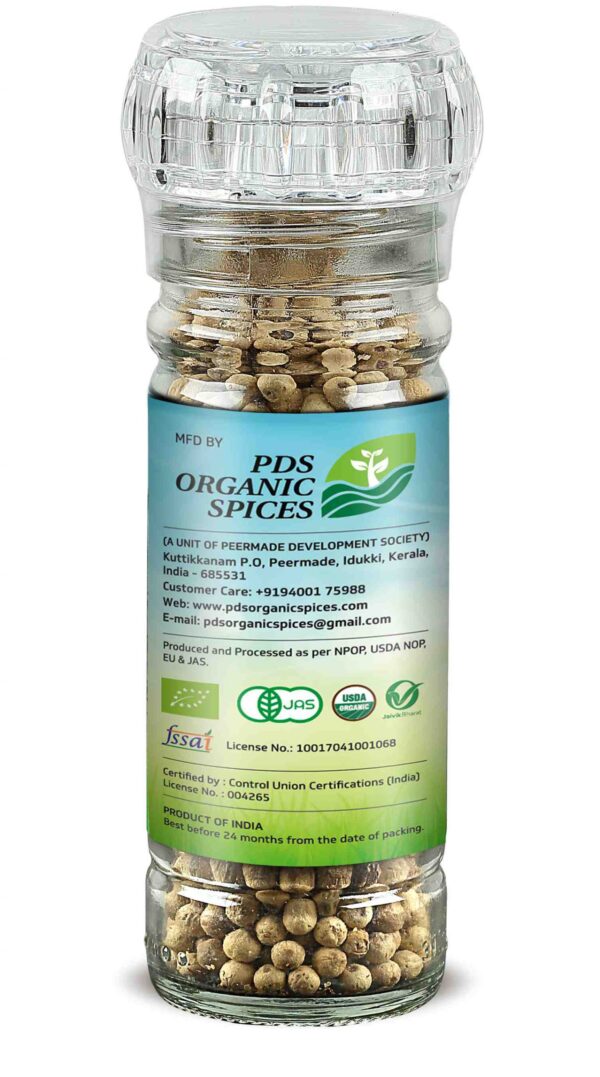 TRUBIO FAIRTRADE ORGANIC WHITE PEPPER WHOLE IN GRINDER BOTTLE 60gms - Image 4