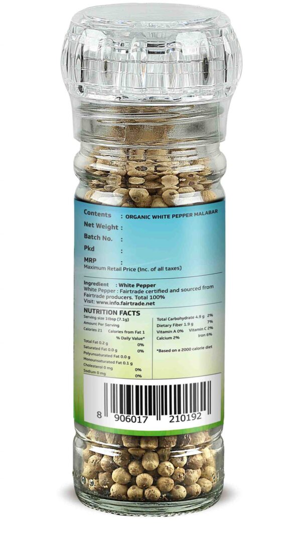 TRUBIO FAIRTRADE ORGANIC WHITE PEPPER WHOLE IN GRINDER BOTTLE 60gms - Image 3