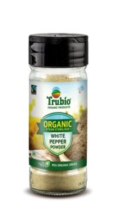 TRUBIO FAIRTRADE ORGANIC WHITE PEPPER POWDER IN FLIP OPEN BOTTLES 45gms