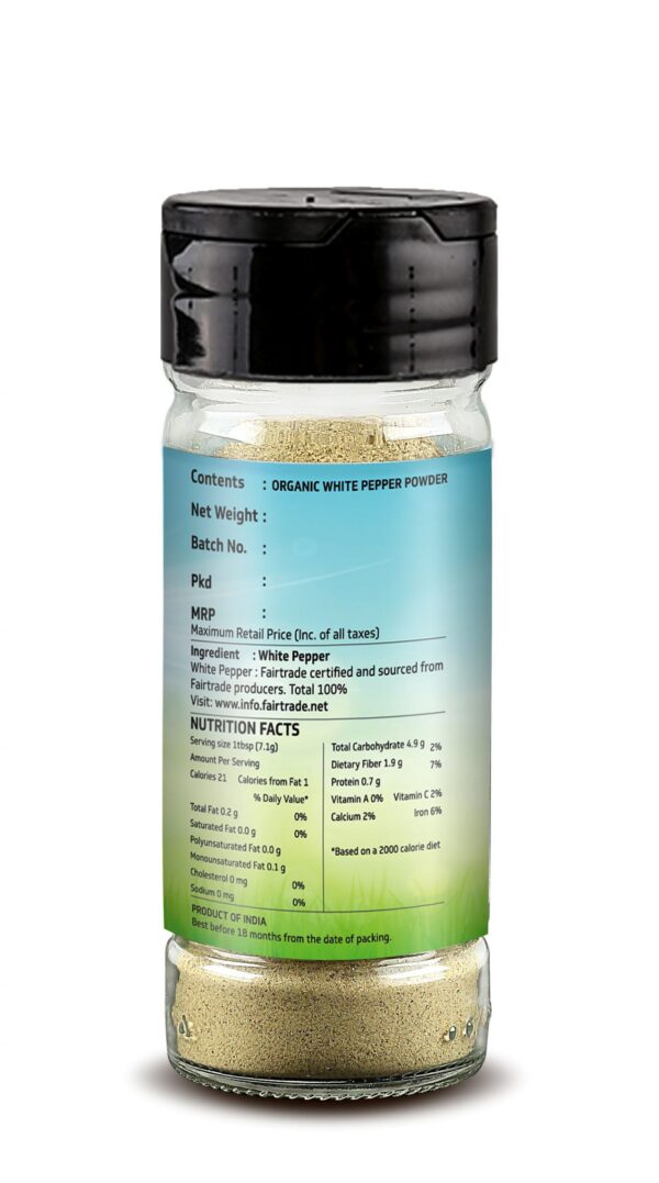 TRUBIO FAIRTRADE ORGANIC WHITE PEPPER POWDER IN FLIP OPEN BOTTLES 45gms - Image 3