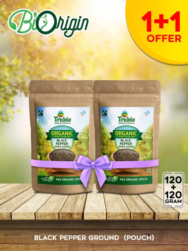 TRUBIO ORGANIC BLACK PEPPER COARSE GROUND IN POUCH 120gms – BUY 1 GET 1 FREE