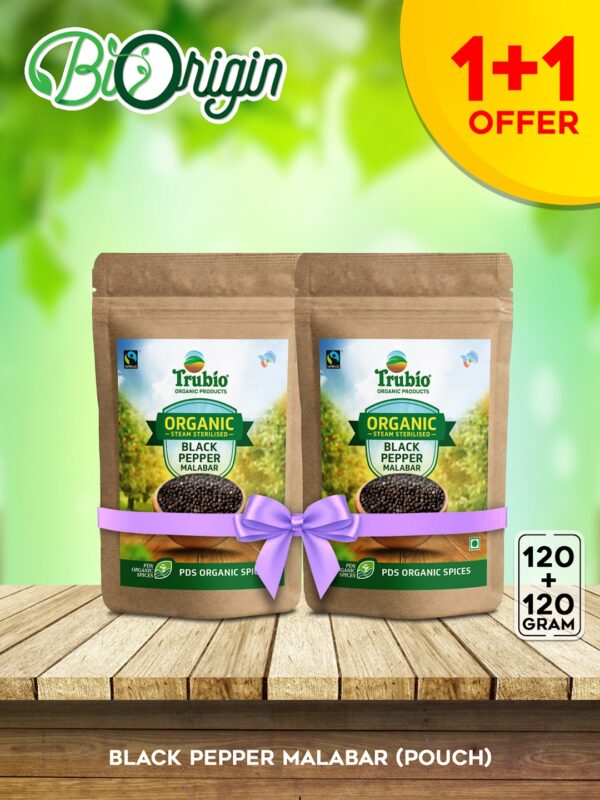 TRUBIO ORGANIC MALABAR WHOLE BLACK PEPPER IN POUCH 100gms – BUY 1 GET 1 FREE