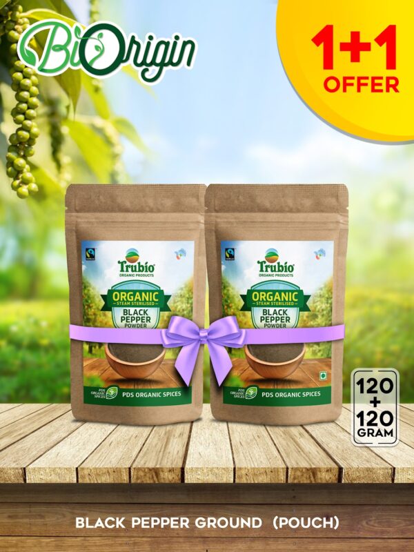 TRUBIO ORGANIC BLACK PEPPER POWDER IN POUCH 120gms – BUY 1 GET 1 FREE